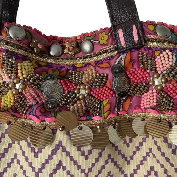 Jasper & Jeera Anthropologie Bohemian Beaded Embellishment Cotton Tote Bag Large - Picture 2 of 8